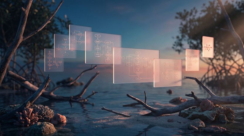 Abstract 3D visualization of translucent glass panels showing complex logic flowcharts floating above a calm shoreline at sunset.