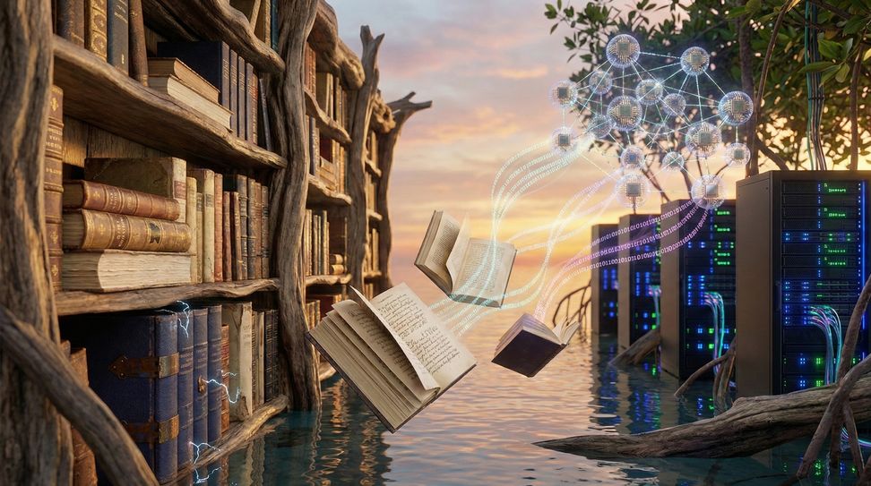 Surreal landscape featuring ancient wooden bookshelves and high-tech server racks partially submerged in water, with glowing data particles flying between them.