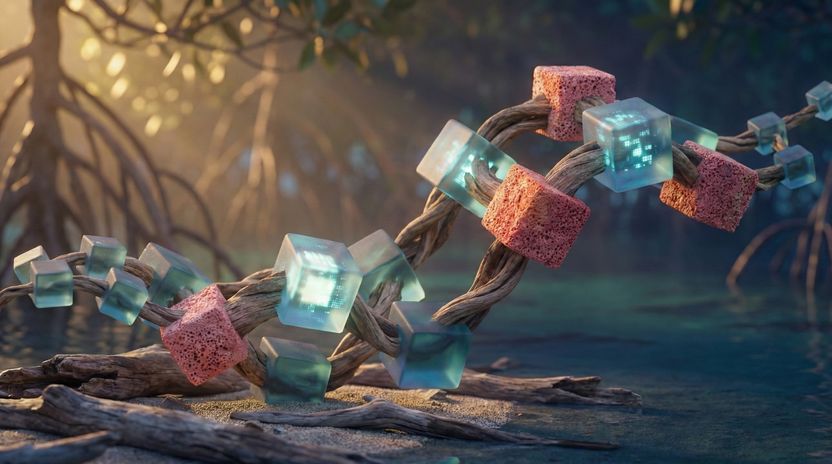 Close-up of glowing blue and pink digital cubes integrated into the twisted roots of a mangrove tree in a serene, shallow water setting.