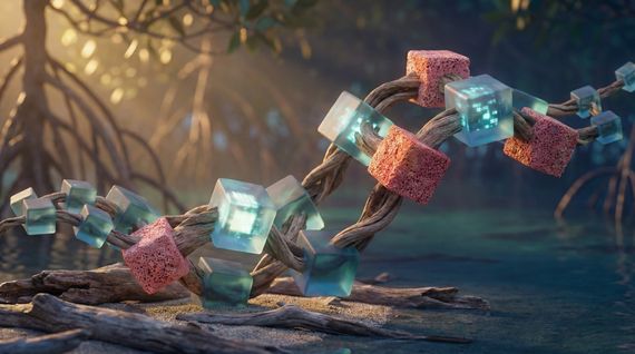 Close-up of glowing blue and pink digital cubes integrated into the twisted roots of a mangrove tree in a serene, shallow water setting.