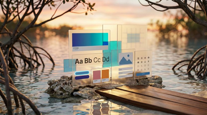 Translucent UI design elements, including color palettes, typography, and iconography, displayed on glass panes resting on a wooden pier in a tropical coastal environment.