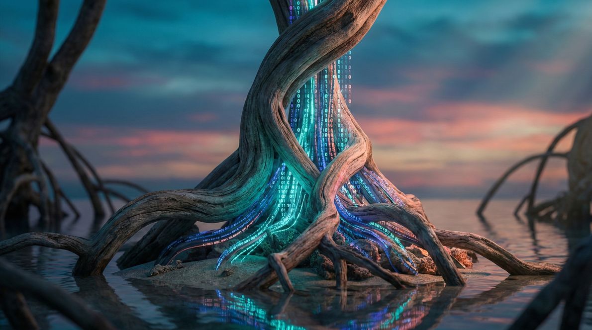 A glowing digital "tree of life" where the trunk and roots are composed of flowing binary code and fiber optic light, set against a twilight beach.