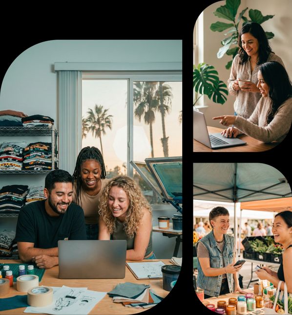 A collage of three scenes: a creative team reviewing designs on a laptop, two women collaborating over coffee, and a small business owner interacting with a customer at an outdoor market.